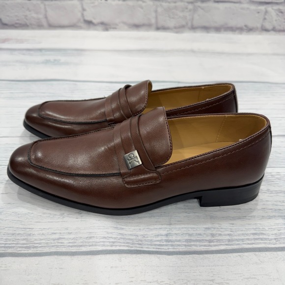 NEW Calvin Klein Dress Shoes Size 8 Brown Leather Mens Work Slip On Loafers